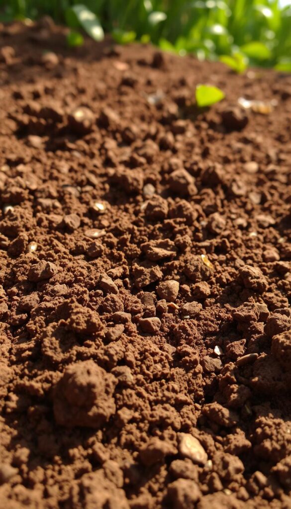 A rich, fertile soil texture with a deep, earthy hue and a slight crumbly, granular structure. The soil is well-aerated, with visible organic matter and a hint of moisture. Sunlight gently filters through, casting warm, soft shadows that accentuate the soil's depth and complexity. The foreground showcases the soil's intricate patterns and textures, while the middle ground reveals the underlying structure, and the background suggests a lush, verdant setting. The overall composition conveys a sense of vitality, nourishment, and the promise of vibrant plant growth. A rich, fertile soil texture with a deep, earthy hue and a slight crumbly, granular structure. The soil is well-aerated, with visible organic matter and a hint of moisture. Sunlight gently filters through, casting warm, soft shadows that accentuate the soil's depth and complexity. The foreground showcases the soil's intricate patterns and textures, while the middle ground reveals the underlying structure, and the background suggests a lush, verdant setting. The overall composition conveys a sense of vitality, nourishment, and the promise of vibrant plant growth.