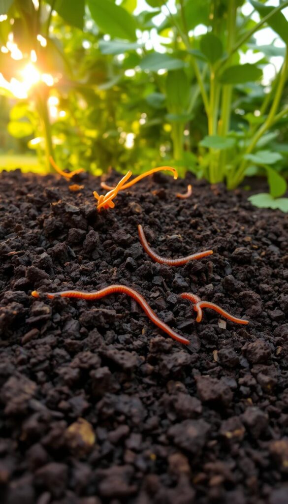 A rich, loamy soil bed in a garden setting, bathed in warm, golden sunlight filtering through verdant foliage. The soil is dark, moist, and teeming with life, its granular texture visible as it gently slopes downward. Earthworms burrow through the nutrient-dense earth, aiding in aeration and drainage. Delicate plant roots reach down into the soil, drawing up sustenance. The scene conveys a sense of nurturing, growth, and the promise of a bountiful harvest to come. A rich, loamy soil bed in a garden setting, bathed in warm, golden sunlight filtering through verdant foliage. The soil is dark, moist, and teeming with life, its granular texture visible as it gently slopes downward. Earthworms burrow through the nutrient-dense earth, aiding in aeration and drainage. Delicate plant roots reach down into the soil, drawing up sustenance. The scene conveys a sense of nurturing, growth, and the promise of a bountiful harvest to come.