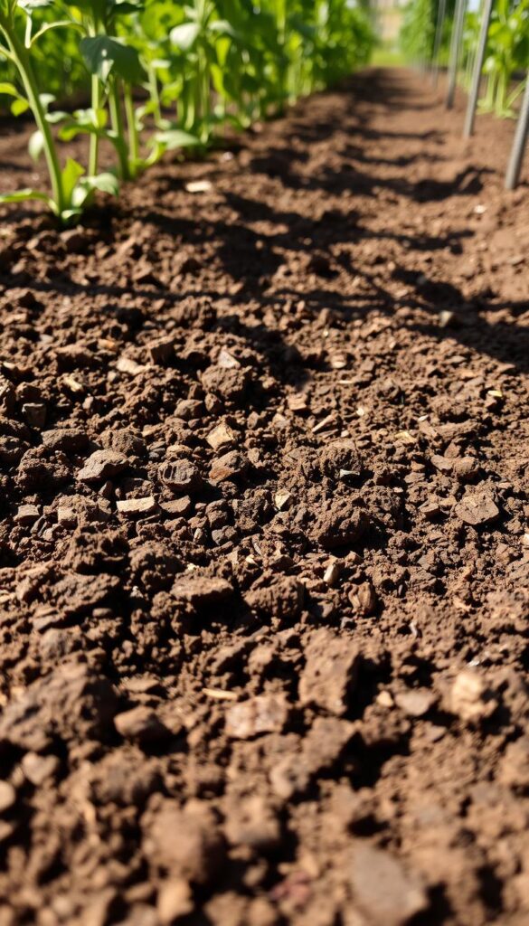 A rich, loamy soil bed in a lush, sun-dappled garden, teeming with nutrients and organic matter. The earth is dark and crumbly, with flecks of decomposed leaves and twigs, creating an inviting, fertile foundation for thriving tomato plants. Soft shadows dance across the soil's surface, hinting at the gentle breeze and the warm, golden light of a late afternoon. The camera angles down, capturing the soil's intricate texture and depth, conveying a sense of vitality and potential for bountiful growth.