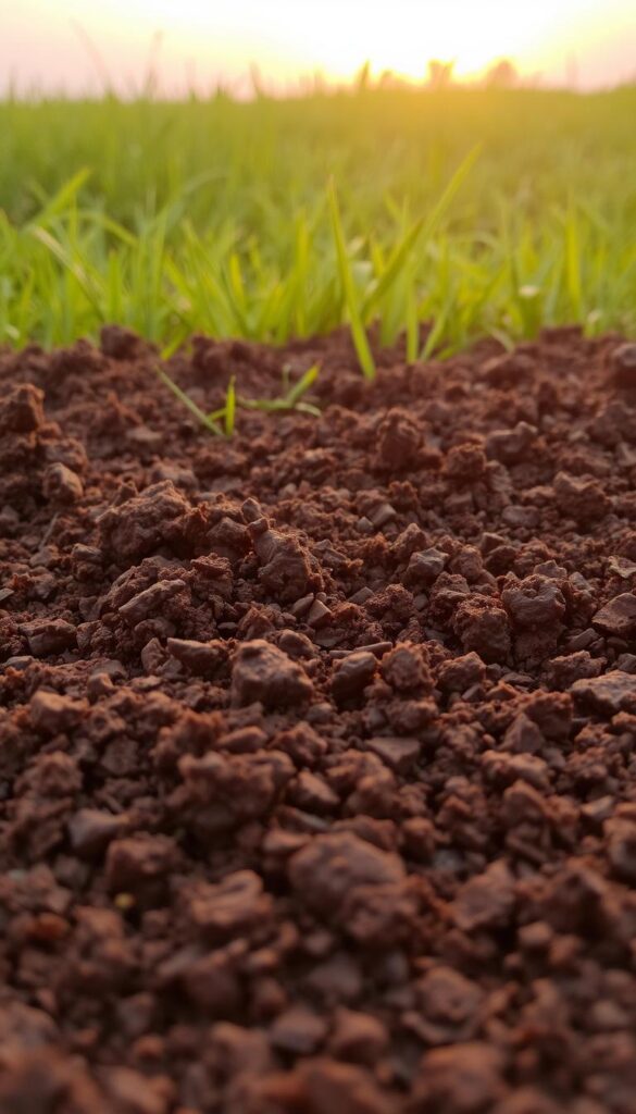 A rich, loamy soil in the foreground, its earthy hues and granular texture inviting the viewer to run their fingers through the fertile medium. Pockets of dark, nutrient-dense humus intermingle with lighter, well-aerated particles, suggesting optimal conditions for healthy root growth. The middle ground transitions to a lush, verdant lawn, blades of grass emerging from the nourishing soil, while the background features a warm, golden-hued sunset casting a soft, diffused light over the scene, evoking a sense of tranquility and the promise of a thriving, vibrant lawn. A rich, loamy soil in the foreground, its earthy hues and granular texture inviting the viewer to run their fingers through the fertile medium. Pockets of dark, nutrient-dense humus intermingle with lighter, well-aerated particles, suggesting optimal conditions for healthy root growth. The middle ground transitions to a lush, verdant lawn, blades of grass emerging from the nourishing soil, while the background features a warm, golden-hued sunset casting a soft, diffused light over the scene, evoking a sense of tranquility and the promise of a thriving, vibrant lawn.