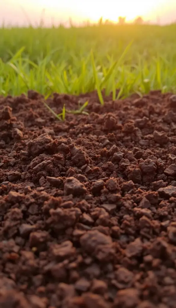 A rich, loamy soil in the foreground, its earthy hues and granular texture inviting the viewer to run their fingers through the fertile medium. Pockets of dark, nutrient-dense humus intermingle with lighter, well-aerated particles, suggesting optimal conditions for healthy root growth. The middle ground transitions to a lush, verdant lawn, blades of grass emerging from the nourishing soil, while the background features a warm, golden-hued sunset casting a soft, diffused light over the scene, evoking a sense of tranquility and the promise of a thriving, vibrant lawn. A rich, loamy soil in the foreground, its earthy hues and granular texture inviting the viewer to run their fingers through the fertile medium. Pockets of dark, nutrient-dense humus intermingle with lighter, well-aerated particles, suggesting optimal conditions for healthy root growth. The middle ground transitions to a lush, verdant lawn, blades of grass emerging from the nourishing soil, while the background features a warm, golden-hued sunset casting a soft, diffused light over the scene, evoking a sense of tranquility and the promise of a thriving, vibrant lawn.