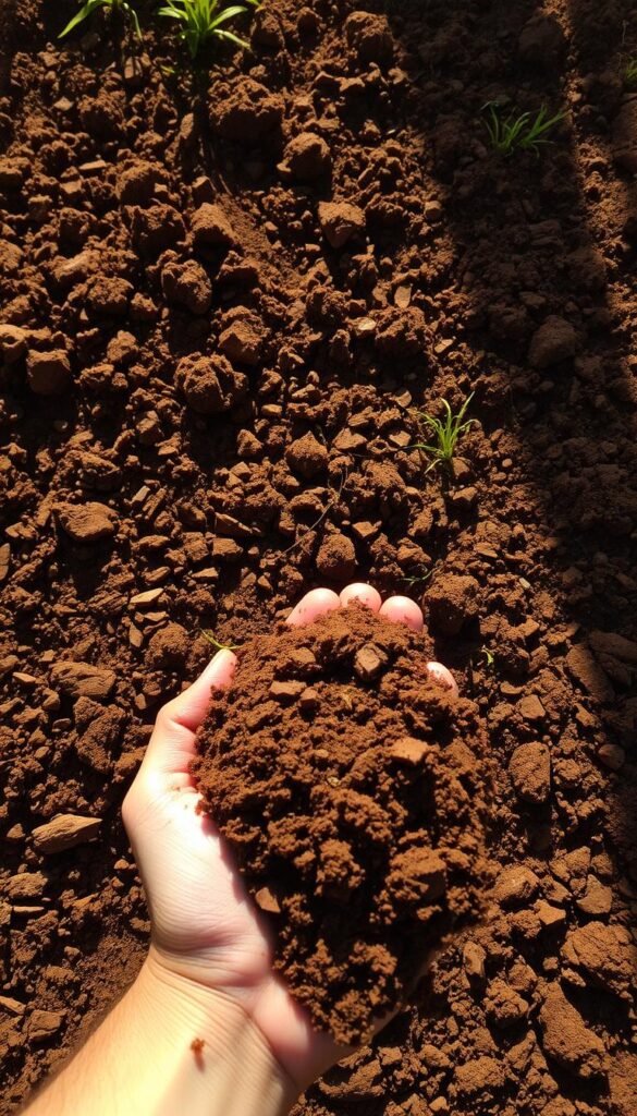 A rich, loamy soil texture with a deep, earthy brown hue, revealing a vibrant network of organic matter and microorganisms. The ground is moist yet well-drained, with a crumbly, fine-grained structure that invites the growth of lush, resilient grass. Sunlight filters through, casting a warm, golden glow that accentuates the soil's natural vitality. In the foreground, a handful of soil is held, showcasing its fertility and potential to nourish a thriving lawn that can outcompete any encroaching weeds.