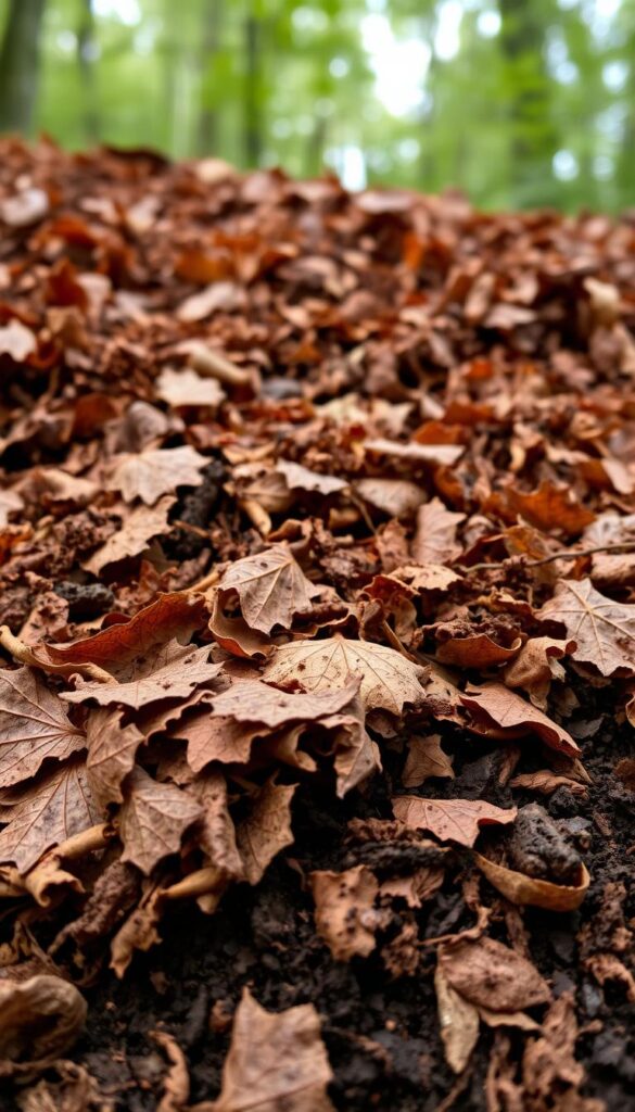 A richly textured close-up of leaf mold, a treasure trove of decomposing autumn leaves. The foreground showcases the deep, earthy tones and intricate matrix of decaying organic matter, captured in crisp detail under soft, diffused natural lighting. The middle ground reveals the layered structure of the leaf litter, with partially broken-down foliage transitioning into the darker, finer humus below. In the background, a hint of blurred, verdant foliage suggests the forest setting from which this precious compost material originated. The overall scene conveys the abundant, nourishing qualities of leaf mold, a valuable resource for enriching garden soils.
