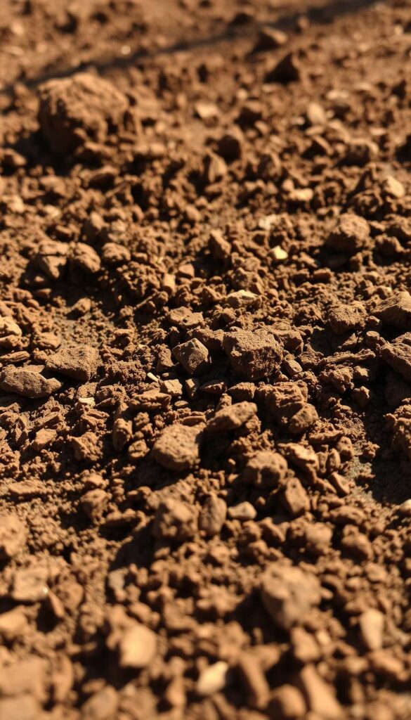 A richly textured, close-up view of healthy, well-tilled garden soil. The soil is a deep, earthy brown, with a loose, crumbly texture and visible organic matter throughout. Sunlight filters through the scene, casting warm, soft shadows that accentuate the soil's intricate details. The foreground is in sharp focus, revealing the intricate patterns of soil aggregates and the presence of small pebbles, roots, and other natural inclusions. The middle ground transitions smoothly into a slightly blurred, out-of-focus background, hinting at the surrounding environment. The overall mood is one of natural abundance and the promise of growth, reflecting the preparatory stage for transplanting flowers in the fall. A richly textured, close-up view of healthy, well-tilled garden soil. The soil is a deep, earthy brown, with a loose, crumbly texture and visible organic matter throughout. Sunlight filters through the scene, casting warm, soft shadows that accentuate the soil's intricate details. The foreground is in sharp focus, revealing the intricate patterns of soil aggregates and the presence of small pebbles, roots, and other natural inclusions. The middle ground transitions smoothly into a slightly blurred, out-of-focus background, hinting at the surrounding environment. The overall mood is one of natural abundance and the promise of growth, reflecting the preparatory stage for transplanting flowers in the fall.