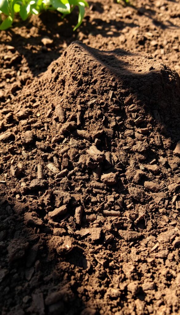 A richly textured soil bed, freshly tilled, revealing layers of organic matter and dark, nutrient-dense humus. Sunlight gently filters through the canopy, casting warm, natural lighting that accentuates the earthy tones. The soil's surface is lightly mounded, inviting the viewer to imagine the flourishing root systems and vibrant flora that will soon take root. The composition emphasizes the importance of cultivating healthy, living soil as the foundation for a thriving, year-round flower garden. A richly textured soil bed, freshly tilled, revealing layers of organic matter and dark, nutrient-dense humus. Sunlight gently filters through the canopy, casting warm, natural lighting that accentuates the earthy tones. The soil's surface is lightly mounded, inviting the viewer to imagine the flourishing root systems and vibrant flora that will soon take root. The composition emphasizes the importance of cultivating healthy, living soil as the foundation for a thriving, year-round flower garden.