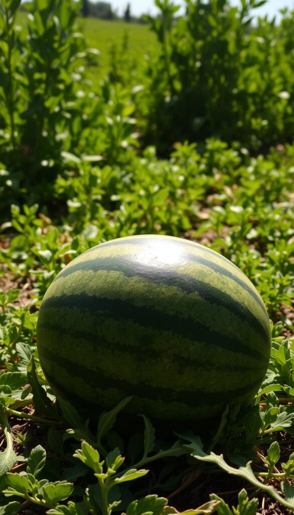 A ripe, juicy watermelon rests on a sun-dappled field, its deep green rind glistening. The field is dotted with lush, verdant foliage, creating a vibrant backdrop. A warm, golden light filters through the scene, casting gentle shadows and highlighting the melon's subtle striations. The camera angle is slightly elevated, capturing the melon's full form and the surrounding vegetation in a harmonious composition. The overall mood is one of summer abundance, inviting the viewer to imagine the satisfying thud of tapping the melon and the sweet, refreshing taste of the flesh within. A ripe, juicy watermelon rests on a sun-dappled field, its deep green rind glistening. The field is dotted with lush, verdant foliage, creating a vibrant backdrop. A warm, golden light filters through the scene, casting gentle shadows and highlighting the melon's subtle striations. The camera angle is slightly elevated, capturing the melon's full form and the surrounding vegetation in a harmonious composition. The overall mood is one of summer abundance, inviting the viewer to imagine the satisfying thud of tapping the melon and the sweet, refreshing taste of the flesh within.