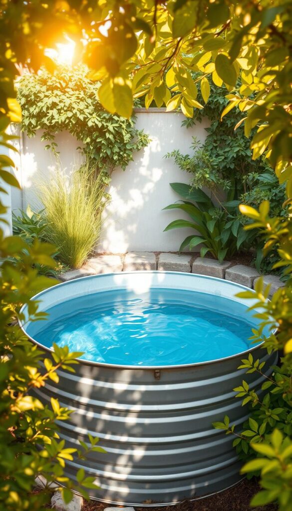 A rustic, galvanized steel stock tank filled with crystal clear water, nestled amidst a lush, verdant backyard oasis. Vibrant foliage frames the scene, creating a serene, nature-inspired ambiance. Warm, golden sunlight filters through the canopy, casting a soft, inviting glow over the tranquil pool. The tank's simple, utilitarian design is juxtaposed with the elegant, effortless elegance of the surrounding landscape, resulting in a charming, budget-friendly backyard retreat. Capturing the essence of a compact plunge pool, this image evokes a sense of relaxation and escape, perfectly suited to illustrate the "cool off without the big price tag" section of the article. A rustic, galvanized steel stock tank filled with crystal clear water, nestled amidst a lush, verdant backyard oasis. Vibrant foliage frames the scene, creating a serene, nature-inspired ambiance. Warm, golden sunlight filters through the canopy, casting a soft, inviting glow over the tranquil pool. The tank's simple, utilitarian design is juxtaposed with the elegant, effortless elegance of the surrounding landscape, resulting in a charming, budget-friendly backyard retreat. Capturing the essence of a compact plunge pool, this image evokes a sense of relaxation and escape, perfectly suited to illustrate the "cool off without the big price tag" section of the article.
