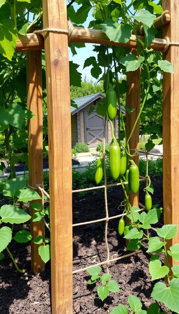 A rustic, handcrafted cucumber trellis nestled amidst lush greenery. The trellis is constructed from weathered wood and sturdy rope, creating a warm, natural aesthetic. Sunlight dapples through the trellis, casting intricate shadows on the soil below. Vibrant green cucumber vines climb gracefully up the structure, their leaves and tendrils weaving through the openings. The trellis is positioned in a well-tended vegetable garden, with rich, dark earth surrounding it. In the distance, a picturesque garden shed or shed-like structure adds to the charming, homespun atmosphere. The overall composition conveys a sense of thoughtful design, functionality, and harmony within the garden setting. A rustic, handcrafted cucumber trellis nestled amidst lush greenery. The trellis is constructed from weathered wood and sturdy rope, creating a warm, natural aesthetic. Sunlight dapples through the trellis, casting intricate shadows on the soil below. Vibrant green cucumber vines climb gracefully up the structure, their leaves and tendrils weaving through the openings. The trellis is positioned in a well-tended vegetable garden, with rich, dark earth surrounding it. In the distance, a picturesque garden shed or shed-like structure adds to the charming, homespun atmosphere. The overall composition conveys a sense of thoughtful design, functionality, and harmony within the garden setting.