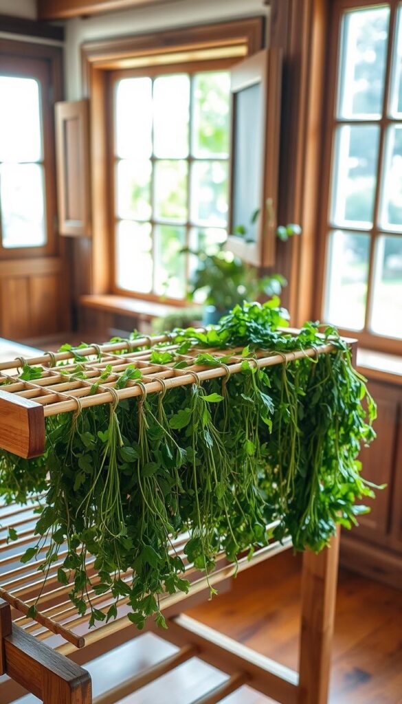 A rustic kitchen with natural light streaming through large windows, illuminating a collection of freshly harvested herbs neatly arranged on a wooden drying rack. The herbs, their vibrant green leaves gently swaying in the soft breeze, are being air-dried for future culinary use. The scene exudes a sense of tranquility and timelessness, with the warm, earthy tones of the room adding to the cozy atmosphere. In the background, a window offers a glimpse of a lush, verdant garden, hinting at the abundant source of these fragrant herbs. The overall composition conveys the simplicity and elegance of the classic, low-tech method of air drying herbs for cooking. A rustic kitchen with natural light streaming through large windows, illuminating a collection of freshly harvested herbs neatly arranged on a wooden drying rack. The herbs, their vibrant green leaves gently swaying in the soft breeze, are being air-dried for future culinary use. The scene exudes a sense of tranquility and timelessness, with the warm, earthy tones of the room adding to the cozy atmosphere. In the background, a window offers a glimpse of a lush, verdant garden, hinting at the abundant source of these fragrant herbs. The overall composition conveys the simplicity and elegance of the classic, low-tech method of air drying herbs for cooking.