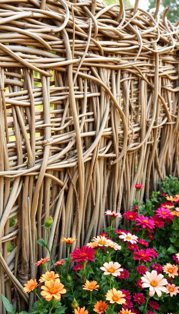 A rustic, natural woven willow fence, its supple branches gently curving and intertwining to create a textured, organic barrier. The willow weave is highlighted by soft, diffused lighting, casting gentle shadows that accentuate the intricate patterns. The fence frames a lush, vibrant flower border, a symphony of blooms in warm, earthy tones that complement the weathered willow. The overall scene radiates a sense of harmony and tranquility, inviting the viewer to imagine this as a peaceful, eco-friendly edge to a serene garden oasis. A rustic, natural woven willow fence, its supple branches gently curving and intertwining to create a textured, organic barrier. The willow weave is highlighted by soft, diffused lighting, casting gentle shadows that accentuate the intricate patterns. The fence frames a lush, vibrant flower border, a symphony of blooms in warm, earthy tones that complement the weathered willow. The overall scene radiates a sense of harmony and tranquility, inviting the viewer to imagine this as a peaceful, eco-friendly edge to a serene garden oasis.