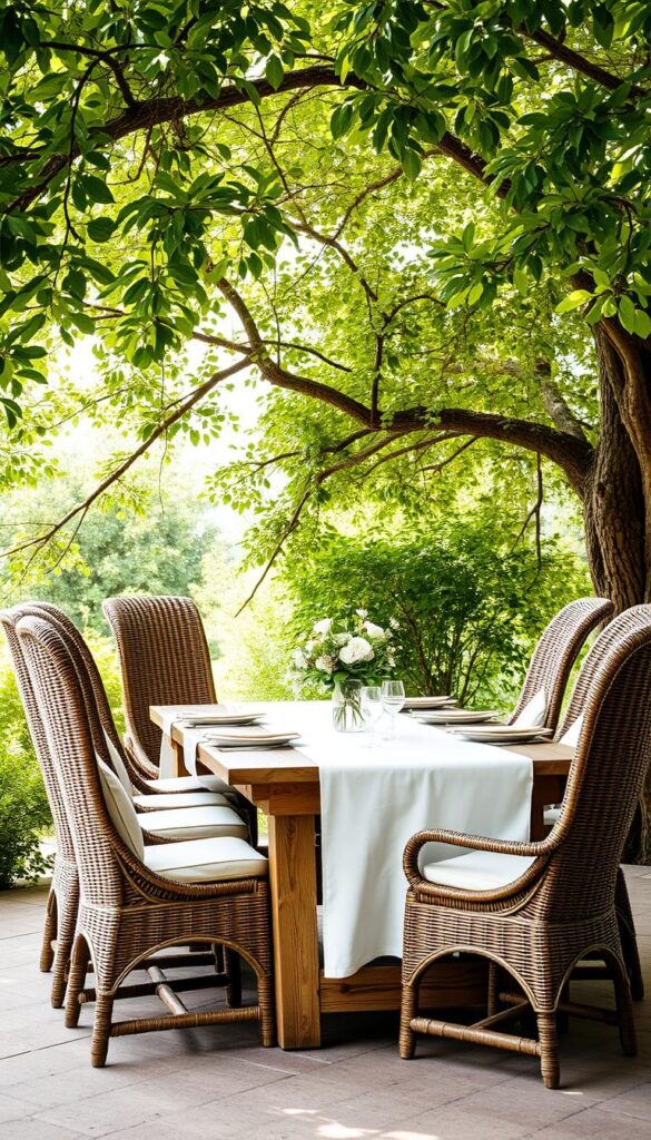 A rustic outdoor dining set nestled under a lush, verdant canopy of trees. The table is crafted from weathered wood, its surface adorned with a crisp white linen tablecloth. Comfortable, high-backed wicker chairs surround the table, their cushions in a complementary neutral tone. Soft, diffused natural light filters through the overhead foliage, casting a warm, inviting glow. In the middle of the table, a simple yet elegant floral centerpiece adds a touch of organic elegance. The overall scene evokes a sense of tranquility and al fresco dining, perfectly suited for an intimate gathering or a relaxed family meal. A rustic outdoor dining set nestled under a lush, verdant canopy of trees. The table is crafted from weathered wood, its surface adorned with a crisp white linen tablecloth. Comfortable, high-backed wicker chairs surround the table, their cushions in a complementary neutral tone. Soft, diffused natural light filters through the overhead foliage, casting a warm, inviting glow. In the middle of the table, a simple yet elegant floral centerpiece adds a touch of organic elegance. The overall scene evokes a sense of tranquility and al fresco dining, perfectly suited for an intimate gathering or a relaxed family meal.