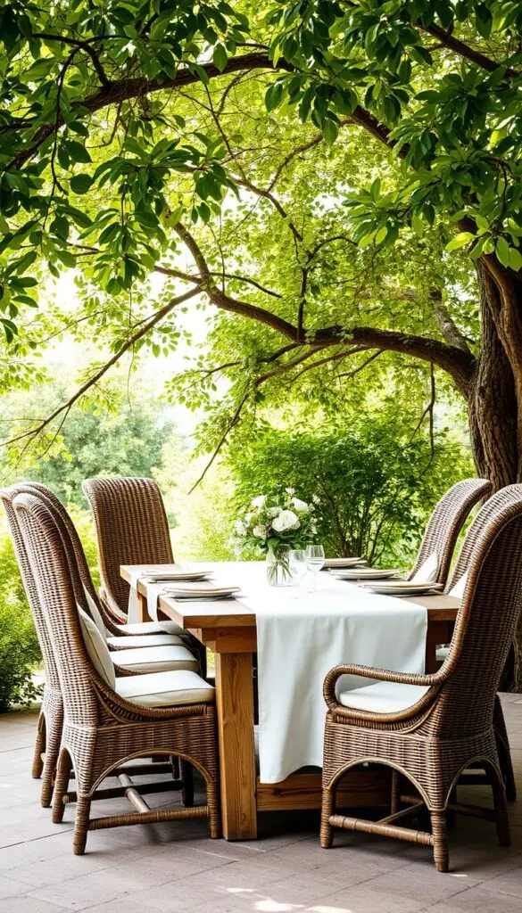 A rustic outdoor dining set nestled under a lush, verdant canopy of trees. The table is crafted from weathered wood, its surface adorned with a crisp white linen tablecloth. Comfortable, high-backed wicker chairs surround the table, their cushions in a complementary neutral tone. Soft, diffused natural light filters through the overhead foliage, casting a warm, inviting glow. In the middle of the table, a simple yet elegant floral centerpiece adds a touch of organic elegance. The overall scene evokes a sense of tranquility and al fresco dining, perfectly suited for an intimate gathering or a relaxed family meal.