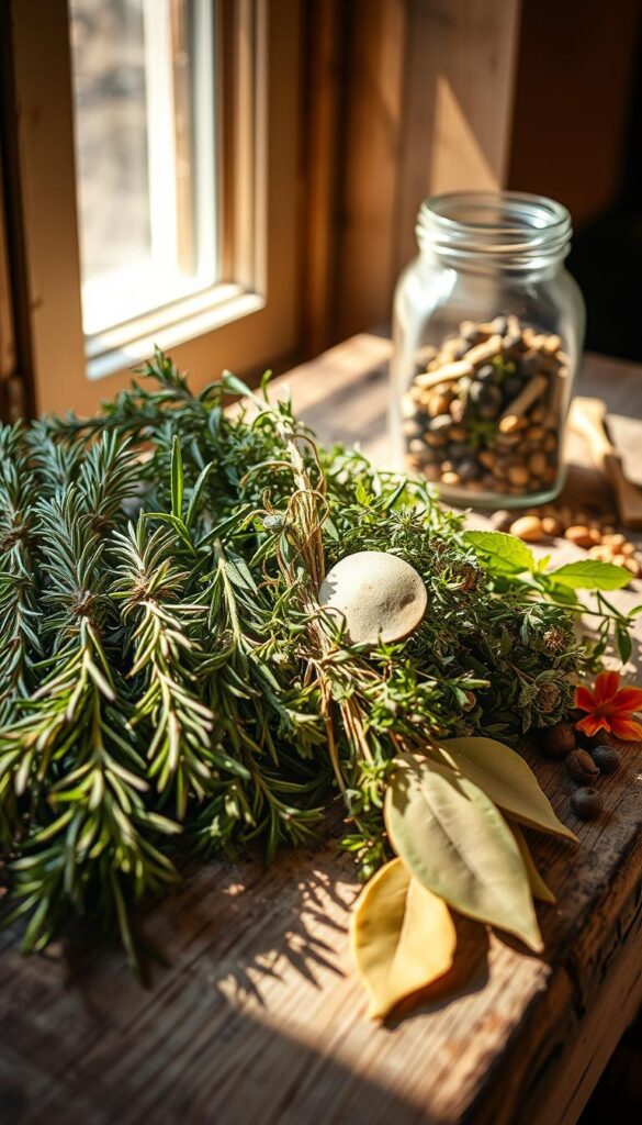 A rustic still life of dried herbs, meticulously arranged on a weathered wooden surface. Sunlight streams through a nearby window, casting a warm, golden glow over the scene. The herbs, neatly bundled and arranged, include fragrant rosemary, thyme, oregano, and bay leaves, their vibrant colors and textures contrasting against the aged wood. In the background, a simple glass jar or ceramic vessel holds a collection of fragrant peppercorns, whole spices, and dried flowers, further enhancing the earthy, natural aesthetic. The overall composition exudes a sense of culinary expertise, highlighting the beauty and utility of these dried herbs that can elevate any home-cooked meal. A rustic still life of dried herbs, meticulously arranged on a weathered wooden surface. Sunlight streams through a nearby window, casting a warm, golden glow over the scene. The herbs, neatly bundled and arranged, include fragrant rosemary, thyme, oregano, and bay leaves, their vibrant colors and textures contrasting against the aged wood. In the background, a simple glass jar or ceramic vessel holds a collection of fragrant peppercorns, whole spices, and dried flowers, further enhancing the earthy, natural aesthetic. The overall composition exudes a sense of culinary expertise, highlighting the beauty and utility of these dried herbs that can elevate any home-cooked meal.