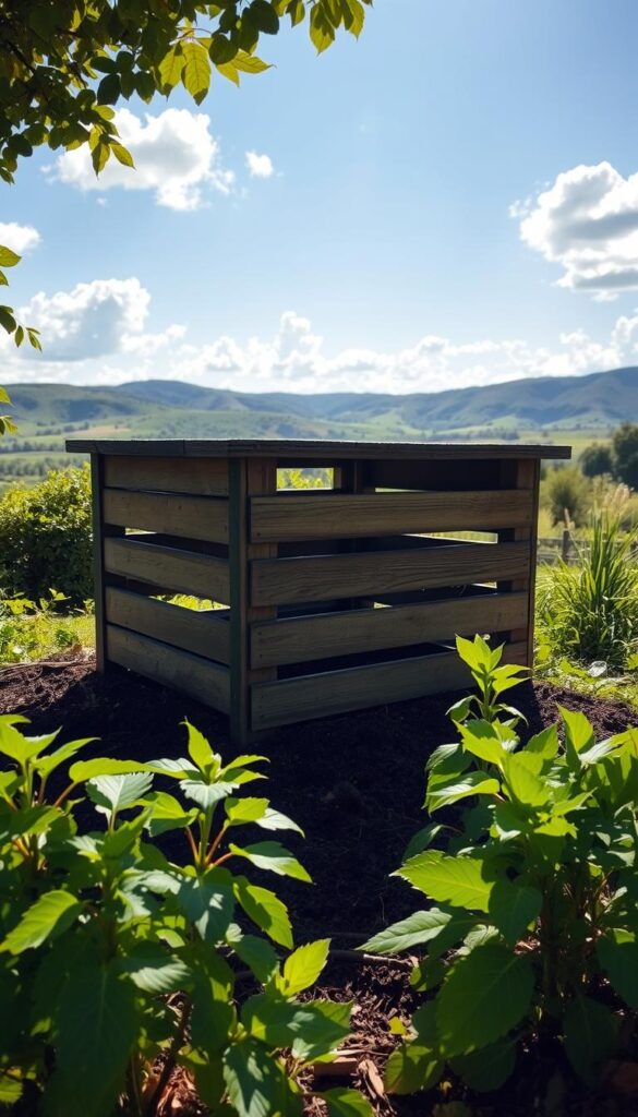 A rustic wooden compost bin nestled in a lush, verdant backyard. The bin stands atop a bed of rich, dark soil, its slatted sides allowing air circulation. Sunlight filters through the surrounding foliage, casting a warm, natural glow. In the foreground, vibrant green leaves and a few fallen twigs hint at the organic materials being composted within. The background is a serene landscape of rolling hills, with a clear blue sky dotted with fluffy white clouds. The overall scene conveys a sense of tranquility and the cycle of life, perfectly suited to illustrate the "Choosing your spot and compost bin in your yard" section. A rustic wooden compost bin nestled in a lush, verdant backyard. The bin stands atop a bed of rich, dark soil, its slatted sides allowing air circulation. Sunlight filters through the surrounding foliage, casting a warm, natural glow. In the foreground, vibrant green leaves and a few fallen twigs hint at the organic materials being composted within. The background is a serene landscape of rolling hills, with a clear blue sky dotted with fluffy white clouds. The overall scene conveys a sense of tranquility and the cycle of life, perfectly suited to illustrate the "Choosing your spot and compost bin in your yard" section.