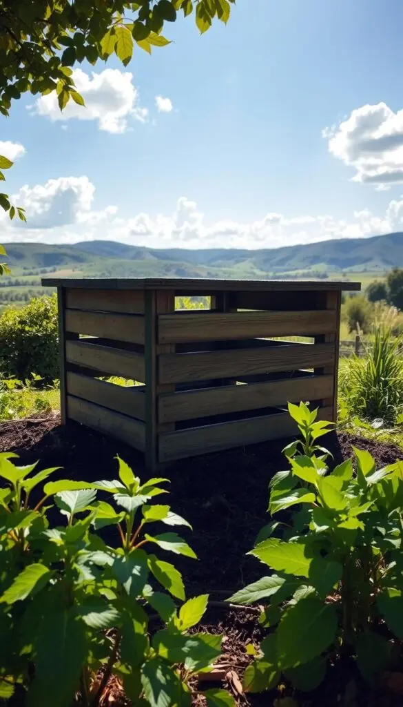 A rustic wooden compost bin nestled in a lush, verdant backyard. The bin stands atop a bed of rich, dark soil, its slatted sides allowing air circulation. Sunlight filters through the surrounding foliage, casting a warm, natural glow. In the foreground, vibrant green leaves and a few fallen twigs hint at the organic materials being composted within. The background is a serene landscape of rolling hills, with a clear blue sky dotted with fluffy white clouds. The overall scene conveys a sense of tranquility and the cycle of life, perfectly suited to illustrate the "Choosing your spot and compost bin in your yard" section. A rustic wooden compost bin nestled in a lush, verdant backyard. The bin stands atop a bed of rich, dark soil, its slatted sides allowing air circulation. Sunlight filters through the surrounding foliage, casting a warm, natural glow. In the foreground, vibrant green leaves and a few fallen twigs hint at the organic materials being composted within. The background is a serene landscape of rolling hills, with a clear blue sky dotted with fluffy white clouds. The overall scene conveys a sense of tranquility and the cycle of life, perfectly suited to illustrate the "Choosing your spot and compost bin in your yard" section.