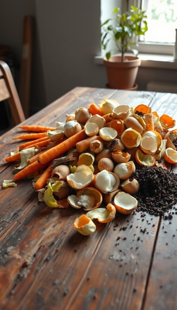 A rustic wooden table, weathered and worn, serving as the centerpiece of a kitchen still life. In the foreground, a pile of organic kitchen scraps - carrot peels, apple cores, eggshells, and coffee grounds - arranged in an artful, haphazard manner. Soft, natural lighting filters in from an unseen window, casting gentle shadows and highlighting the textures of the various food waste. In the background, a simple potted plant or two, adding a touch of greenery to the earthy, muted tones. The overall mood is one of simplicity, sustainability, and the cycle of life - a visual representation of turning waste into garden gold. A rustic wooden table, weathered and worn, serving as the centerpiece of a kitchen still life. In the foreground, a pile of organic kitchen scraps - carrot peels, apple cores, eggshells, and coffee grounds - arranged in an artful, haphazard manner. Soft, natural lighting filters in from an unseen window, casting gentle shadows and highlighting the textures of the various food waste. In the background, a simple potted plant or two, adding a touch of greenery to the earthy, muted tones. The overall mood is one of simplicity, sustainability, and the cycle of life - a visual representation of turning waste into garden gold.