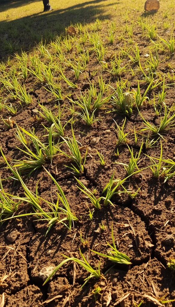A scorched, parched lawn under harsh afternoon sunlight. The grass appears withered and discolored, with brown, patchy areas contrasting sharply against the remaining green blades. Dry soil cracks run through the earth, indicating severe dehydration. A warm, hazy atmosphere emanates a sense of neglect and environmental stress. The scene is captured from a slightly low angle, emphasizing the barren, desolate nature of the lawn. The lighting is intense, casting deep shadows and highlighting the desiccated texture of the grass. This blighted landscape serves as a cautionary tale of the consequences of improper lawn care and maintenance. A scorched, parched lawn under harsh afternoon sunlight. The grass appears withered and discolored, with brown, patchy areas contrasting sharply against the remaining green blades. Dry soil cracks run through the earth, indicating severe dehydration. A warm, hazy atmosphere emanates a sense of neglect and environmental stress. The scene is captured from a slightly low angle, emphasizing the barren, desolate nature of the lawn. The lighting is intense, casting deep shadows and highlighting the desiccated texture of the grass. This blighted landscape serves as a cautionary tale of the consequences of improper lawn care and maintenance.