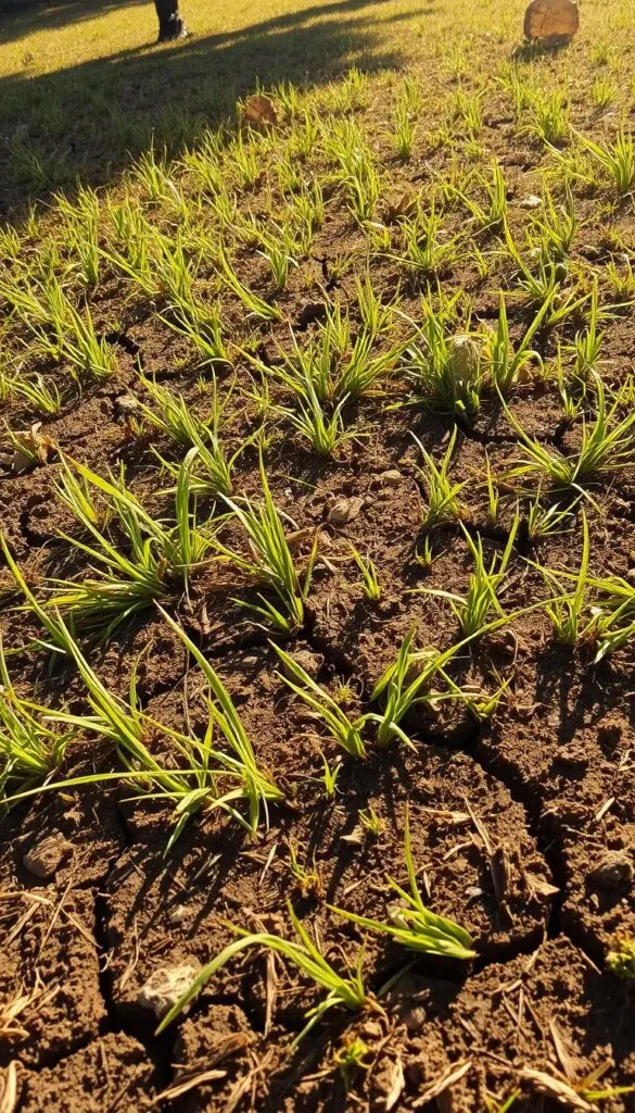 A scorched, parched lawn under harsh afternoon sunlight. The grass appears withered and discolored, with brown, patchy areas contrasting sharply against the remaining green blades. Dry soil cracks run through the earth, indicating severe dehydration. A warm, hazy atmosphere emanates a sense of neglect and environmental stress. The scene is captured from a slightly low angle, emphasizing the barren, desolate nature of the lawn. The lighting is intense, casting deep shadows and highlighting the desiccated texture of the grass. This blighted landscape serves as a cautionary tale of the consequences of improper lawn care and maintenance.