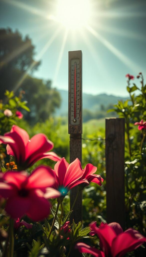 A scorching summer day, the sun's relentless rays beating down on a lush garden. In the foreground, delicate flower petals wilt, their vibrant hues muted by the intense heat. The air shimmers with a mirage-like distortion, conveying the palpable warmth. In the middle ground, a thermometer mounted on a weathered wooden post rises, its mercury column expanding to reflect the soaring temperatures. Surrounding this, the background blurs into a hazy, sun-drenched landscape, with the occasional flutter of leaves struggling against the stifling conditions. Dramatic, moody lighting casts deep shadows, heightening the sense of drama and the need for quick intervention to protect the vulnerable blooms.