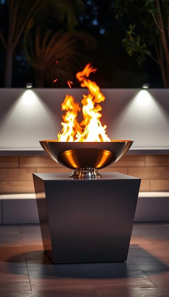 A sculptural, modern fire feature design with a sleek, minimalist aesthetic. A central fire bowl made of polished stainless steel sits atop a raised, angular plinth. The fire burns with a mesmerizing orange glow, casting flickering shadows and warm light across the surrounding area. The design is accentuated by strategic uplighting, creating a dramatic, atmospheric effect. The overall scene conveys a sense of refined sophistication and captivating ambiance, perfect for enhancing an outdoor living space.