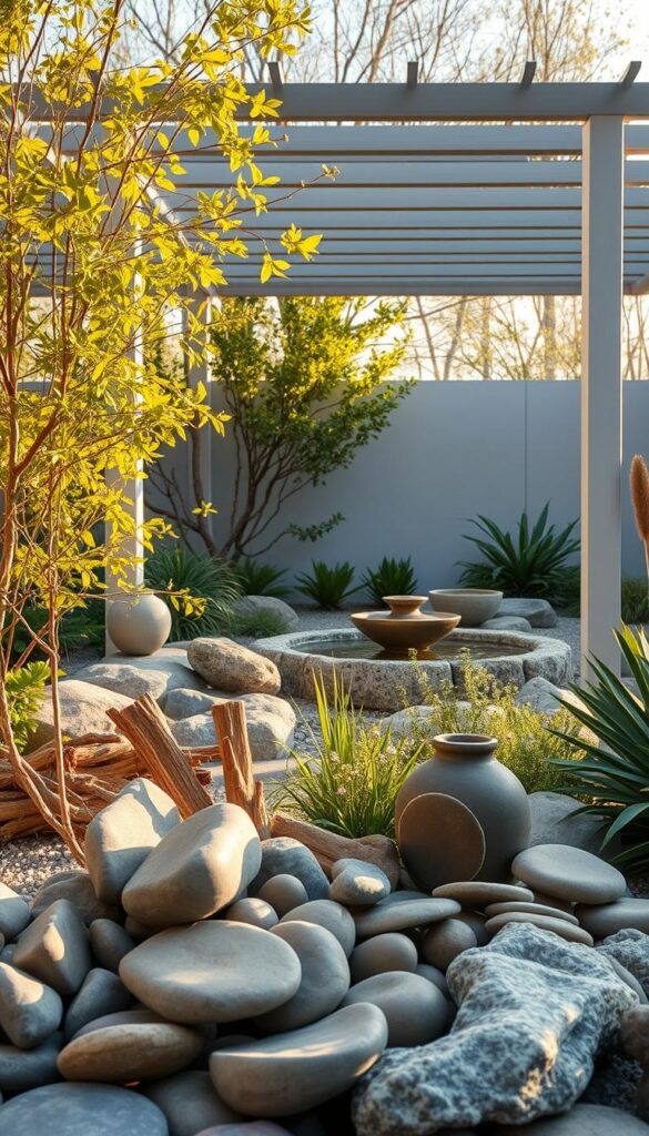A serene and harmonious garden scene with design accents that soothe the senses. In the foreground, a collection of natural, organic elements like smooth river stones, driftwood, and earthy ceramics are artfully arranged. The middle ground features a tranquil water feature, its calming sounds complemented by the gentle rustling of lush foliage. In the background, a clean-lined, minimalist pergola casts soft shadows, creating a sense of balance and simplicity. The entire scene is bathed in warm, golden lighting, evoking a spring afternoon filled with the promise of new life and renewal. The atmosphere is one of quiet contemplation and a harmonious blend of natural and manmade design. A serene and harmonious garden scene with design accents that soothe the senses. In the foreground, a collection of natural, organic elements like smooth river stones, driftwood, and earthy ceramics are artfully arranged. The middle ground features a tranquil water feature, its calming sounds complemented by the gentle rustling of lush foliage. In the background, a clean-lined, minimalist pergola casts soft shadows, creating a sense of balance and simplicity. The entire scene is bathed in warm, golden lighting, evoking a spring afternoon filled with the promise of new life and renewal. The atmosphere is one of quiet contemplation and a harmonious blend of natural and manmade design.