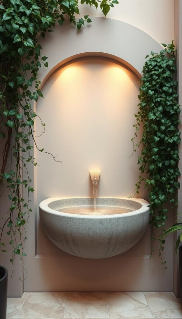 A serene and minimalist wall fountain nestled in a cozy nook, casting a soothing ambiance. The smooth, curved lines of the stone basin are accentuated by soft, warm lighting, creating a tranquil focal point. The water cascades gently, its gentle splashing sounds echoing against the surrounding neutral-toned walls. Lush, trailing greenery frames the fountain, adding a touch of nature and softening the overall aesthetic. Captured with a wide-angle lens, the image showcases the fountain's integration within a small, intimate space, embodying a sense of calming simplicity.