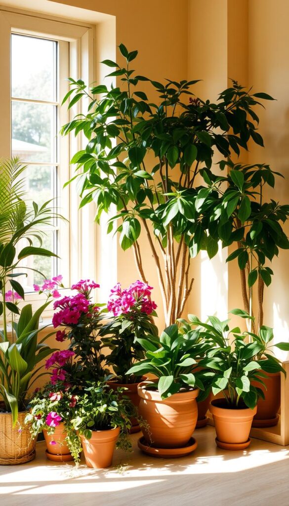 A serene arrangement of potted plants in a tranquil indoor setting. A softly lit, warm-toned scene with a mix of lush foliage and vibrant blooms. The plants are positioned thoughtfully, creating a harmonious and balanced composition. Warm, natural lighting filters through a large window, casting gentle shadows and highlights that accentuate the plants' textures and colors. The overall mood is calming and contemplative, inviting the viewer to pause and consider the beauty and care required to maintain these flourishing greeneries, even during a vacation.
