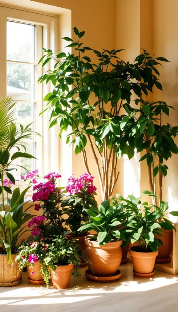 A serene arrangement of potted plants in a tranquil indoor setting. A softly lit, warm-toned scene with a mix of lush foliage and vibrant blooms. The plants are positioned thoughtfully, creating a harmonious and balanced composition. Warm, natural lighting filters through a large window, casting gentle shadows and highlights that accentuate the plants' textures and colors. The overall mood is calming and contemplative, inviting the viewer to pause and consider the beauty and care required to maintain these flourishing greeneries, even during a vacation. A serene arrangement of potted plants in a tranquil indoor setting. A softly lit, warm-toned scene with a mix of lush foliage and vibrant blooms. The plants are positioned thoughtfully, creating a harmonious and balanced composition. Warm, natural lighting filters through a large window, casting gentle shadows and highlights that accentuate the plants' textures and colors. The overall mood is calming and contemplative, inviting the viewer to pause and consider the beauty and care required to maintain these flourishing greeneries, even during a vacation.