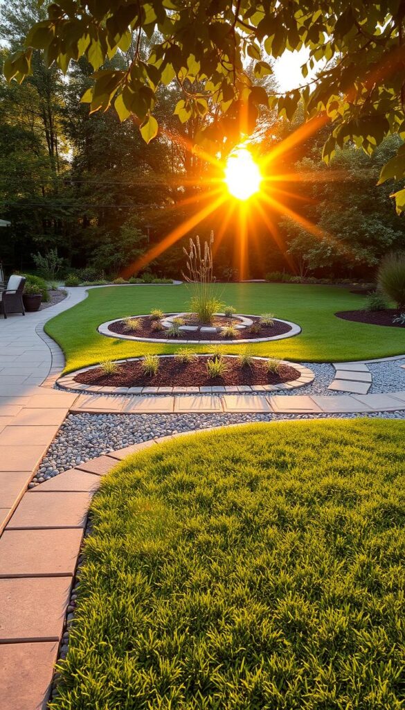 A serene backyard landscape in the golden hour, the sun's warm glow illuminating a well-maintained patio and pathways. In the foreground, a neatly trimmed lawn seamlessly transitions into a harmonious arrangement of pavers, stones, and gravel. The middle ground showcases a carefully curated garden bed, its borders defined by crisp edging. In the background, lush foliage frames the scene, creating a sense of depth and tranquility. The overall composition emphasizes the importance of a well-planned and executed hardscaping layout, setting the stage for a flourishing spring garden. A serene backyard landscape in the golden hour, the sun's warm glow illuminating a well-maintained patio and pathways. In the foreground, a neatly trimmed lawn seamlessly transitions into a harmonious arrangement of pavers, stones, and gravel. The middle ground showcases a carefully curated garden bed, its borders defined by crisp edging. In the background, lush foliage frames the scene, creating a sense of depth and tranquility. The overall composition emphasizes the importance of a well-planned and executed hardscaping layout, setting the stage for a flourishing spring garden.