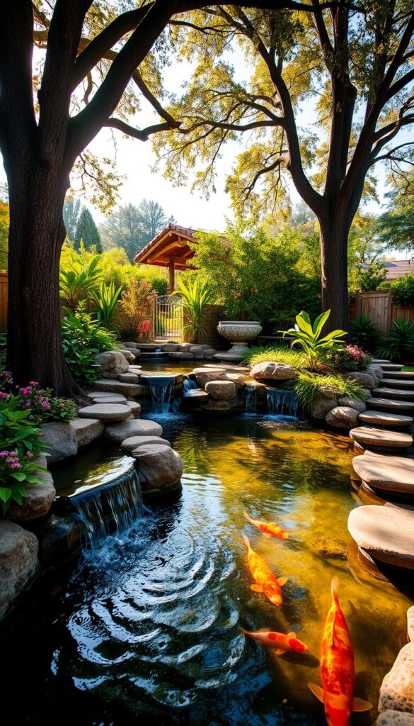 A serene backyard oasis, with a tranquil koi pond glistening in the golden afternoon sunlight. Gently cascading waterfalls flow into the crystal-clear water, surrounded by lush, verdant foliage and fragrant blooms. Stepping stones invite exploration, leading to a secluded meditation area where the gentle sounds of nature create a calming ambiance. The scene is framed by towering trees, their branches casting soft, dappled shadows across the scene. An inviting, family-friendly setting that encourages moments of reflection, play, and connection with the natural world. A serene backyard oasis, with a tranquil koi pond glistening in the golden afternoon sunlight. Gently cascading waterfalls flow into the crystal-clear water, surrounded by lush, verdant foliage and fragrant blooms. Stepping stones invite exploration, leading to a secluded meditation area where the gentle sounds of nature create a calming ambiance. The scene is framed by towering trees, their branches casting soft, dappled shadows across the scene. An inviting, family-friendly setting that encourages moments of reflection, play, and connection with the natural world.