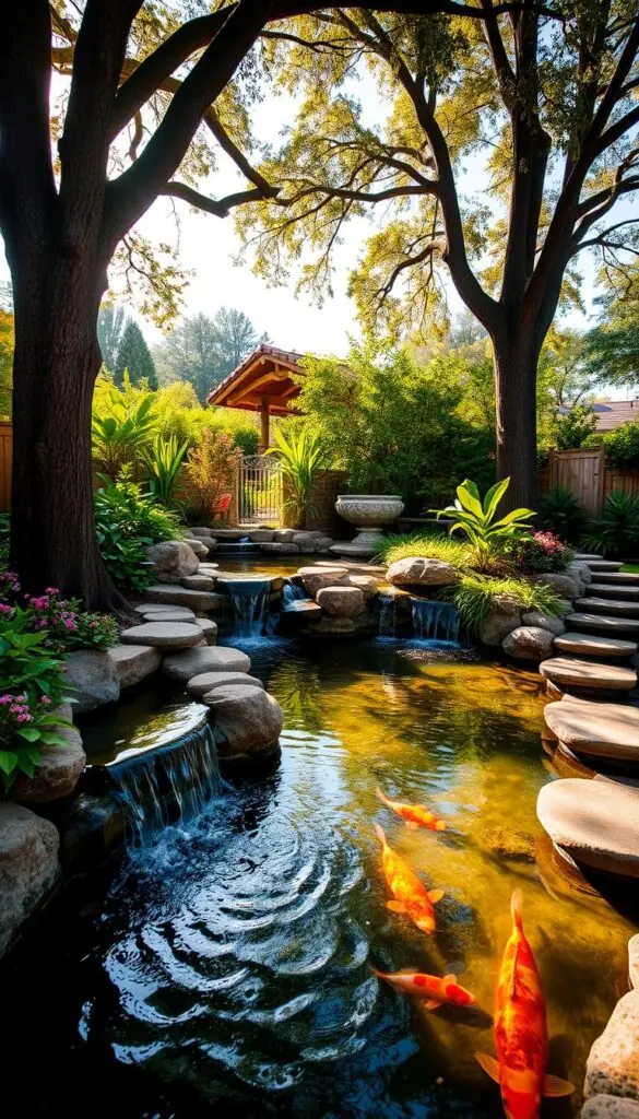 A serene backyard oasis, with a tranquil koi pond glistening in the golden afternoon sunlight. Gently cascading waterfalls flow into the crystal-clear water, surrounded by lush, verdant foliage and fragrant blooms. Stepping stones invite exploration, leading to a secluded meditation area where the gentle sounds of nature create a calming ambiance. The scene is framed by towering trees, their branches casting soft, dappled shadows across the scene. An inviting, family-friendly setting that encourages moments of reflection, play, and connection with the natural world. A serene backyard oasis, with a tranquil koi pond glistening in the golden afternoon sunlight. Gently cascading waterfalls flow into the crystal-clear water, surrounded by lush, verdant foliage and fragrant blooms. Stepping stones invite exploration, leading to a secluded meditation area where the gentle sounds of nature create a calming ambiance. The scene is framed by towering trees, their branches casting soft, dappled shadows across the scene. An inviting, family-friendly setting that encourages moments of reflection, play, and connection with the natural world.
