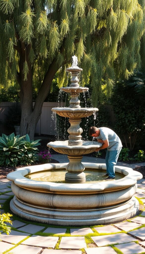 A serene backyard scene with a well-maintained fountain at the center. The fountain is made of smooth, weathered stone, with clear, gently flowing water cascading over its tiers. In the foreground, a gardener carefully tends to the fountain, checking the pump and cleaning the basin. Sunlight filters through swaying trees, casting warm, dappled shadows on the scene. The overall mood is one of tranquility and diligent care, capturing the essence of lasting ambiance for a backyard water feature. A serene backyard scene with a well-maintained fountain at the center. The fountain is made of smooth, weathered stone, with clear, gently flowing water cascading over its tiers. In the foreground, a gardener carefully tends to the fountain, checking the pump and cleaning the basin. Sunlight filters through swaying trees, casting warm, dappled shadows on the scene. The overall mood is one of tranquility and diligent care, capturing the essence of lasting ambiance for a backyard water feature.