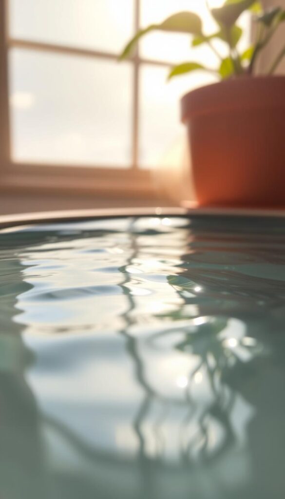 A serene, close-up view of crystal-clear water gently rippling in a shallow container. The surface reflects the soft, warm glow of natural sunlight filtering in from an off-camera window, creating a soothing, calming atmosphere. The water appears refreshing and inviting, with subtle, organic movements that suggest a tranquil, well-maintained environment suitable for cultivating thriving container flowers. The depth of field is shallow, allowing the water to be the focal point, while the surrounding container and setting fade into a pleasantly blurred background. A serene, close-up view of crystal-clear water gently rippling in a shallow container. The surface reflects the soft, warm glow of natural sunlight filtering in from an off-camera window, creating a soothing, calming atmosphere. The water appears refreshing and inviting, with subtle, organic movements that suggest a tranquil, well-maintained environment suitable for cultivating thriving container flowers. The depth of field is shallow, allowing the water to be the focal point, while the surrounding container and setting fade into a pleasantly blurred background.
