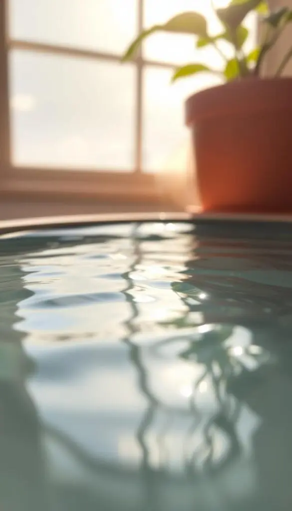 A serene, close-up view of crystal-clear water gently rippling in a shallow container. The surface reflects the soft, warm glow of natural sunlight filtering in from an off-camera window, creating a soothing, calming atmosphere. The water appears refreshing and inviting, with subtle, organic movements that suggest a tranquil, well-maintained environment suitable for cultivating thriving container flowers. The depth of field is shallow, allowing the water to be the focal point, while the surrounding container and setting fade into a pleasantly blurred background. A serene, close-up view of crystal-clear water gently rippling in a shallow container. The surface reflects the soft, warm glow of natural sunlight filtering in from an off-camera window, creating a soothing, calming atmosphere. The water appears refreshing and inviting, with subtle, organic movements that suggest a tranquil, well-maintained environment suitable for cultivating thriving container flowers. The depth of field is shallow, allowing the water to be the focal point, while the surrounding container and setting fade into a pleasantly blurred background.