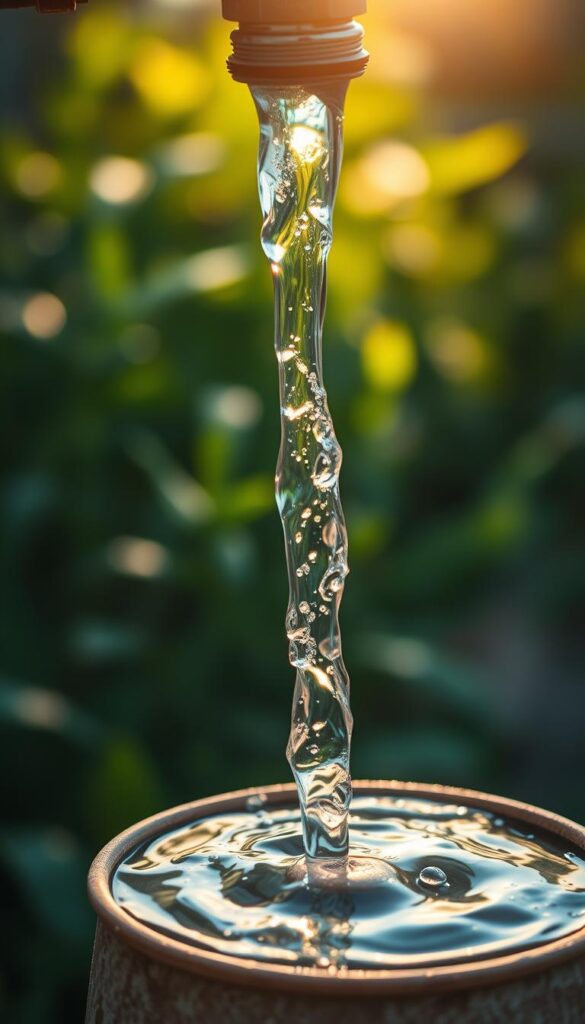 A serene, close-up view of fresh, clear water gently cascading from a spigot or faucet into a simple, rustic watering can. The water flows in a smooth, continuous stream, creating a mesmerizing, hypnotic rhythm. Warm, natural sunlight filters through the scene, casting a soft, golden glow and creating subtle reflections and highlights on the water's surface. The background is blurred, subtly suggesting a lush, green garden environment, hinting at the wider context of the watering can's use. The overall mood is one of tranquility, simplicity, and the satisfying, effortless act of watering plants.