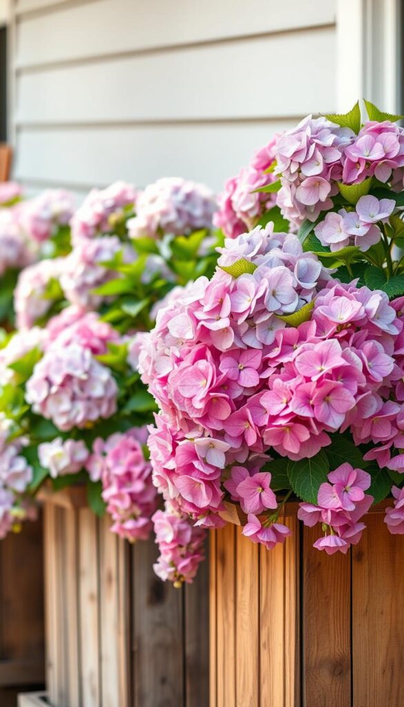 A serene display of hydrangea blooms cascading from rustic wooden planters, their vibrant hues complemented by the warm, muted tones of the containers. The scene is bathed in soft, natural lighting, capturing the delicate beauty of the flowers against a subtly blurred background. The composition showcases the hydrangeas' lush foliage and full, rounded flowerheads, emphasizing their graceful forms and the way they thrive in their container-based environment. The image conveys a sense of tranquility and the joy of cultivating these captivating plants, perfectly suited to illustrate the "Containers, roots, and winter protection" section of the article. A serene display of hydrangea blooms cascading from rustic wooden planters, their vibrant hues complemented by the warm, muted tones of the containers. The scene is bathed in soft, natural lighting, capturing the delicate beauty of the flowers against a subtly blurred background. The composition showcases the hydrangeas' lush foliage and full, rounded flowerheads, emphasizing their graceful forms and the way they thrive in their container-based environment. The image conveys a sense of tranquility and the joy of cultivating these captivating plants, perfectly suited to illustrate the "Containers, roots, and winter protection" section of the article.