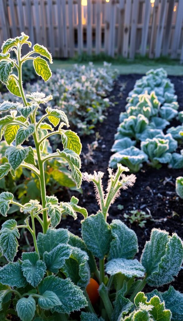 A serene, early morning scene of a lush garden blanketed in a delicate layer of first frost. Intricate patterns of ice crystals cling to the tips of vibrant green leaves and tender vegetable stems, shimmering under the soft, warm glow of the rising sun. In the foreground, dew-kissed tomato vines and leafy kale plants stand resilient against the chill, hinting at the bountiful harvest to come. The middle ground reveals a picturesque vegetable patch, its soil still dark and rich, ready to nourish the next generation of cool-weather crops. In the distance, a weathered wooden fence delineates the boundaries of this peaceful, autumnal refuge, inviting the viewer to pause and appreciate nature's delicate balance on the cusp of winter.