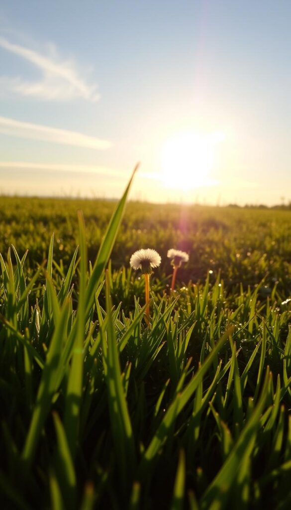 A serene early morning scene, the dew-kissed lawn glistens under the warm golden light of the rising sun. The foreground showcases the lush, verdant grass, its blades standing tall and healthy, inviting closer inspection. In the middle ground, a few scattered dandelion blooms add pops of sunny yellow, hinting at the lawn's current state. The background reveals a tranquil horizon, with wispy clouds drifting across the clear blue sky, creating a sense of peaceful contemplation. This scene captures the lawn's current condition, providing valuable insights for the homeowner to assess and plan the transition from summer to fall.