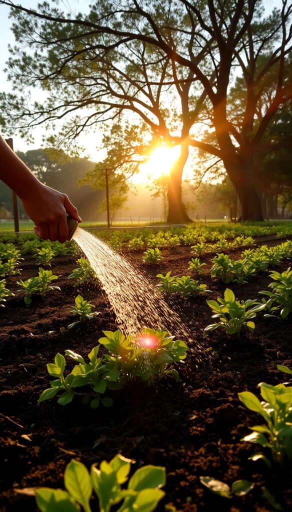 A serene early morning scene, the sun's golden rays gently illuminating a lush garden. In the foreground, a person carefully waters a thriving flower bed, their movements graceful and deliberate. The soil is rich and dark, drinking in the water's nourishment. In the middle ground, verdant plants sway softly, their leaves glistening with dew. The background is a tranquil backdrop of towering trees, their branches casting long, soothing shadows. The atmosphere is one of quiet contemplation, a moment of tranquility amidst the day's bustle. The image captures the essence of efficient, mindful watering - a practice that sustains life and fosters harmony between human and nature.