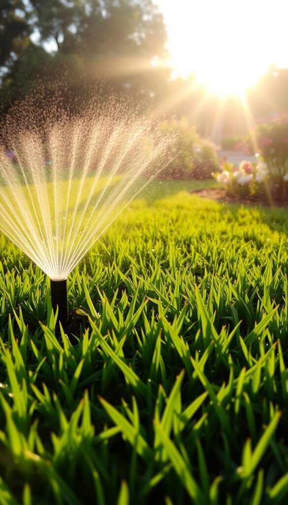 A serene early morning scene, the sun's soft golden rays gently illuminating a well-manicured lawn. In the foreground, a sprinkler system diligently watering the lush, verdant grass, creating a calming mist that dances in the gentle breeze. The middle ground showcases vibrant, healthy blades of grass, their verdant hues accentuated by the dappled light. In the background, a picturesque garden with flourishing flowers and shrubs, creating a harmonious and picturesque backdrop. The atmosphere is one of tranquility and nourishment, inviting the viewer to appreciate the beauty of the perfect lawn-watering moment. A serene early morning scene, the sun's soft golden rays gently illuminating a well-manicured lawn. In the foreground, a sprinkler system diligently watering the lush, verdant grass, creating a calming mist that dances in the gentle breeze. The middle ground showcases vibrant, healthy blades of grass, their verdant hues accentuated by the dappled light. In the background, a picturesque garden with flourishing flowers and shrubs, creating a harmonious and picturesque backdrop. The atmosphere is one of tranquility and nourishment, inviting the viewer to appreciate the beauty of the perfect lawn-watering moment.