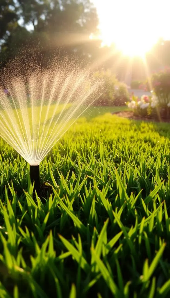 A serene early morning scene, the sun's soft golden rays gently illuminating a well-manicured lawn. In the foreground, a sprinkler system diligently watering the lush, verdant grass, creating a calming mist that dances in the gentle breeze. The middle ground showcases vibrant, healthy blades of grass, their verdant hues accentuated by the dappled light. In the background, a picturesque garden with flourishing flowers and shrubs, creating a harmonious and picturesque backdrop. The atmosphere is one of tranquility and nourishment, inviting the viewer to appreciate the beauty of the perfect lawn-watering moment. A serene early morning scene, the sun's soft golden rays gently illuminating a well-manicured lawn. In the foreground, a sprinkler system diligently watering the lush, verdant grass, creating a calming mist that dances in the gentle breeze. The middle ground showcases vibrant, healthy blades of grass, their verdant hues accentuated by the dappled light. In the background, a picturesque garden with flourishing flowers and shrubs, creating a harmonious and picturesque backdrop. The atmosphere is one of tranquility and nourishment, inviting the viewer to appreciate the beauty of the perfect lawn-watering moment.