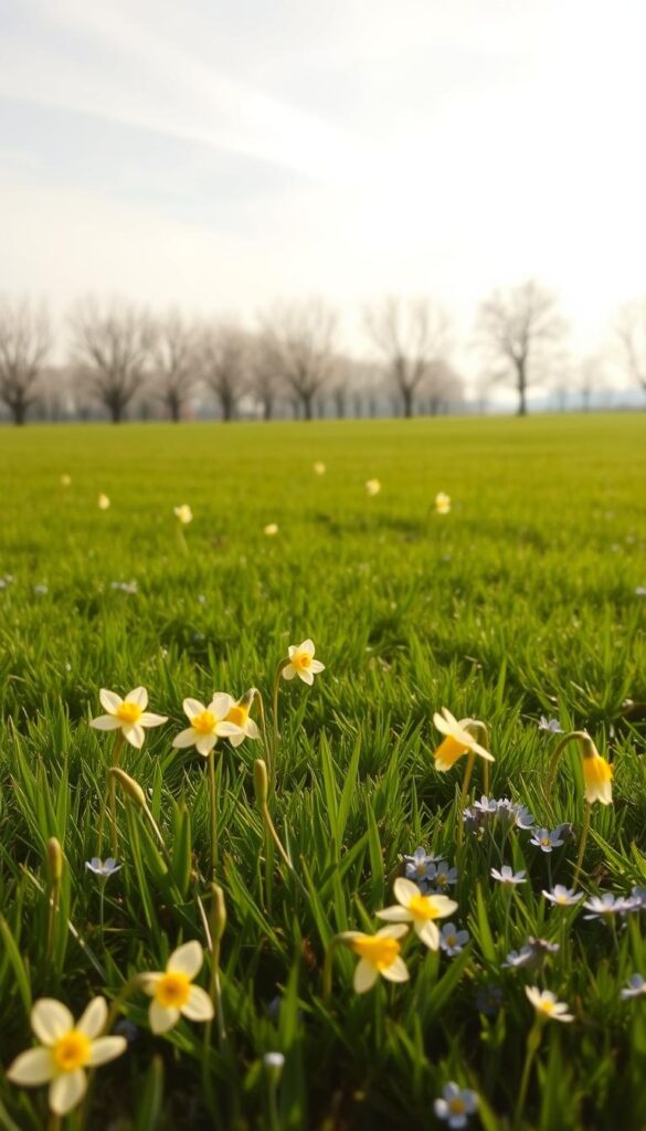 A serene early spring landscape, bathed in soft, warm light. In the foreground, delicate wildflowers - daffodils, crocuses, and forget-me-nots - gently sway in a light breeze. The middle ground features a lush, green lawn, freshly mowed and inviting. In the background, a row of budding cherry trees lines the horizon, their blossoms just beginning to unfurl. The sky is a pale blue, with wispy clouds drifting overhead. The overall mood is one of tranquility and anticipation, evoking the sense of a new season dawning and the promise of renewal. A serene early spring landscape, bathed in soft, warm light. In the foreground, delicate wildflowers - daffodils, crocuses, and forget-me-nots - gently sway in a light breeze. The middle ground features a lush, green lawn, freshly mowed and inviting. In the background, a row of budding cherry trees lines the horizon, their blossoms just beginning to unfurl. The sky is a pale blue, with wispy clouds drifting overhead. The overall mood is one of tranquility and anticipation, evoking the sense of a new season dawning and the promise of renewal.