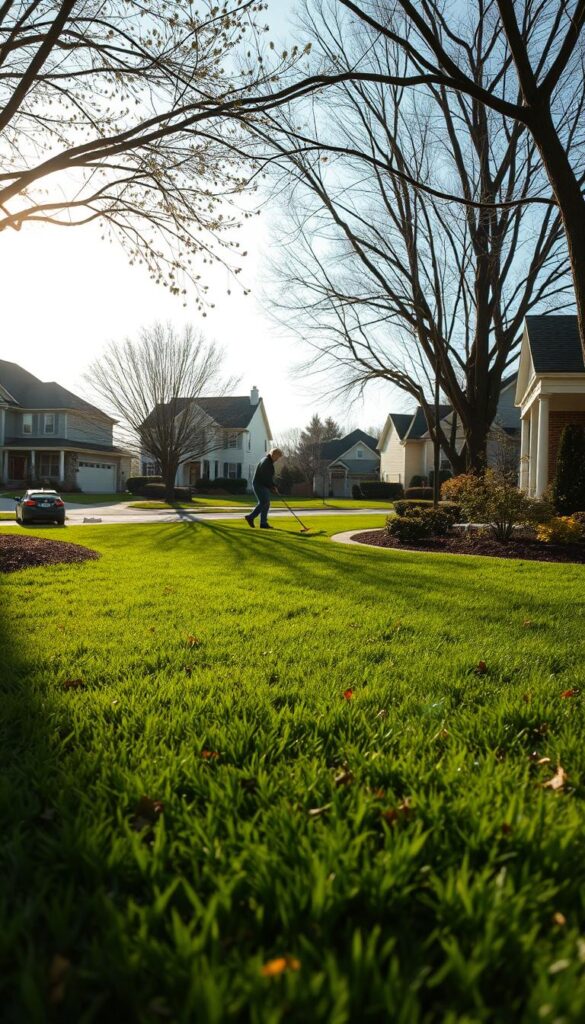 A serene early spring landscape, with a lush green lawn in the foreground. Gentle sunlight filters through a canopy of budding trees, casting a soft, warm glow over the scene. In the middle ground, a homeowner thoughtfully rakes fallen leaves and debris, preparing the lawn for the season ahead. The background reveals a picturesque suburban neighborhood, with well-manicured homes and a clear, blue sky overhead. The overall atmosphere conveys a sense of renewal and optimism, reflecting the "early spring reset" theme. High-resolution, photorealistic, cinematic lighting. A serene early spring landscape, with a lush green lawn in the foreground. Gentle sunlight filters through a canopy of budding trees, casting a soft, warm glow over the scene. In the middle ground, a homeowner thoughtfully rakes fallen leaves and debris, preparing the lawn for the season ahead. The background reveals a picturesque suburban neighborhood, with well-manicured homes and a clear, blue sky overhead. The overall atmosphere conveys a sense of renewal and optimism, reflecting the "early spring reset" theme. High-resolution, photorealistic, cinematic lighting.