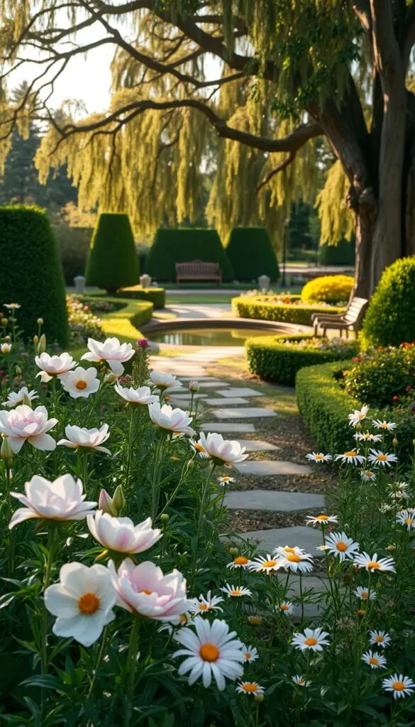 A serene garden oasis bathed in soft, warm afternoon light. A lush, verdant foreground filled with a variety of blooming flowers in pastel shades - delicate peonies, fragrant lilies, and whimsical daisies. In the middle ground, a meandering stone path leads the eye deeper into the scene, flanked by neatly trimmed hedges and towering, ancient oak trees casting gentle shadows. The background reveals a tranquil pond reflecting the scene, with a wooden bench inviting contemplation. An atmosphere of peaceful solitude and natural harmony pervades the entire composition. A serene garden oasis bathed in soft, warm afternoon light. A lush, verdant foreground filled with a variety of blooming flowers in pastel shades - delicate peonies, fragrant lilies, and whimsical daisies. In the middle ground, a meandering stone path leads the eye deeper into the scene, flanked by neatly trimmed hedges and towering, ancient oak trees casting gentle shadows. The background reveals a tranquil pond reflecting the scene, with a wooden bench inviting contemplation. An atmosphere of peaceful solitude and natural harmony pervades the entire composition.