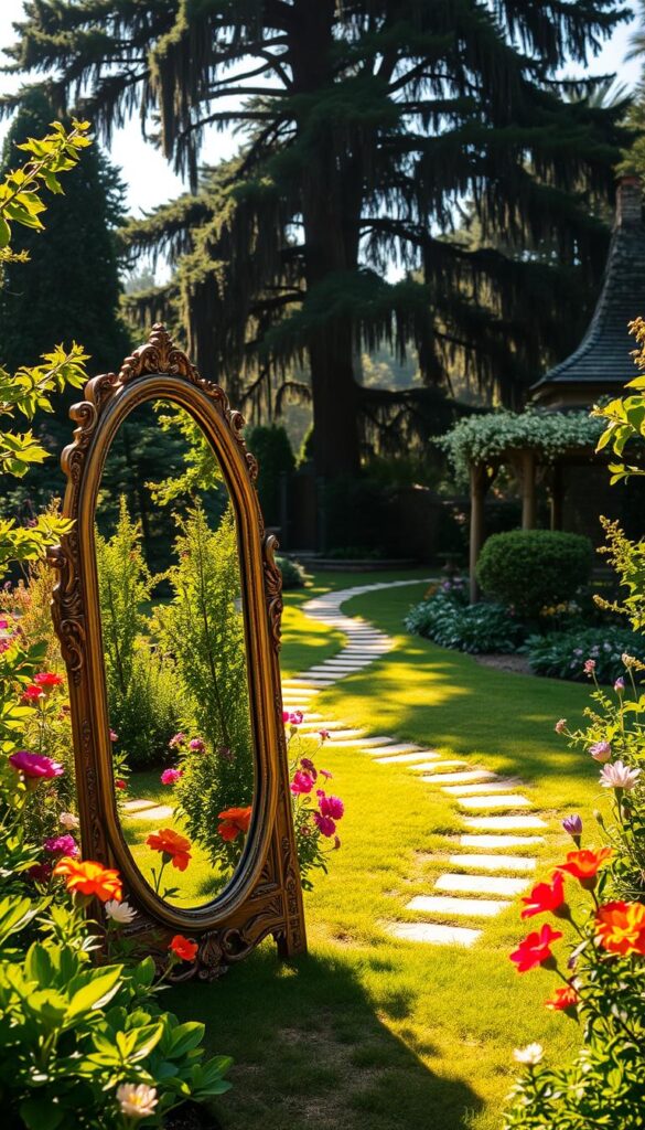 A serene garden oasis bathed in warm, natural light. In the foreground, a large, ornate garden mirror reflects the lush greenery and vibrant flowers surrounding it. The mirror's frame is intricately detailed, blending seamlessly into the landscape. The middle ground showcases a well-manicured, meandering pathway leading the viewer's gaze deeper into the scene. In the background, towering trees and a hint of a cottage or garden structure create a sense of depth and tranquility. The overall composition conveys a sense of harmony, inviting the viewer to step into this enchanting outdoor space. A serene garden oasis bathed in warm, natural light. In the foreground, a large, ornate garden mirror reflects the lush greenery and vibrant flowers surrounding it. The mirror's frame is intricately detailed, blending seamlessly into the landscape. The middle ground showcases a well-manicured, meandering pathway leading the viewer's gaze deeper into the scene. In the background, towering trees and a hint of a cottage or garden structure create a sense of depth and tranquility. The overall composition conveys a sense of harmony, inviting the viewer to step into this enchanting outdoor space.