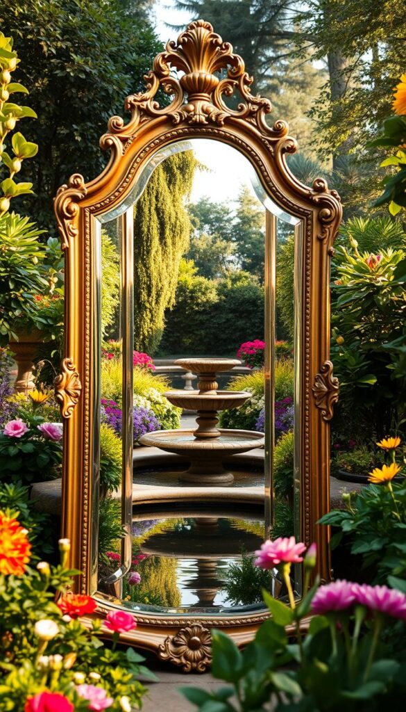 A serene garden oasis, where a ornate, antique mirror stands tall, reflecting the lush greenery and warm sunlight. The mirror is set against a backdrop of vibrant flower beds, lush foliage, and a tranquil water feature, creating a sense of depth and expansion. The mirror's intricate gilded frame casts warm reflections, blending seamlessly with the natural surroundings. Soft, diffused lighting bathes the scene, creating a hazy, dreamlike atmosphere. The mirror's placement draws the eye inward, inviting the viewer to step into this enchanting, expanded outdoor space. A serene garden oasis, where a ornate, antique mirror stands tall, reflecting the lush greenery and warm sunlight. The mirror is set against a backdrop of vibrant flower beds, lush foliage, and a tranquil water feature, creating a sense of depth and expansion. The mirror's intricate gilded frame casts warm reflections, blending seamlessly with the natural surroundings. Soft, diffused lighting bathes the scene, creating a hazy, dreamlike atmosphere. The mirror's placement draws the eye inward, inviting the viewer to step into this enchanting, expanded outdoor space.