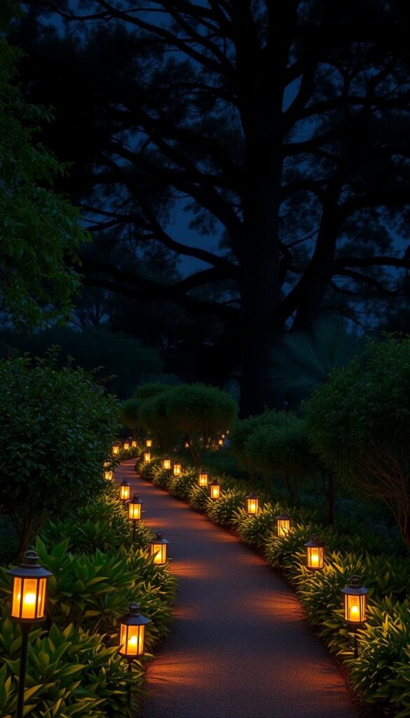 A serene garden path lined with delicate, warm-glowing lanterns, casting a soft, inviting ambiance over the lush, verdant foliage. The path winds gracefully through the tranquil scene, beckoning the viewer to explore. The lights are positioned at intervals, creating a captivating rhythm and guiding the eye along the way. The background is filled with the silhouettes of towering trees, their branches reaching up towards a starry night sky. The overall atmosphere is one of peaceful contemplation, inspiring the viewer to envision their own outdoor oasis. A serene garden path lined with delicate, warm-glowing lanterns, casting a soft, inviting ambiance over the lush, verdant foliage. The path winds gracefully through the tranquil scene, beckoning the viewer to explore. The lights are positioned at intervals, creating a captivating rhythm and guiding the eye along the way. The background is filled with the silhouettes of towering trees, their branches reaching up towards a starry night sky. The overall atmosphere is one of peaceful contemplation, inspiring the viewer to envision their own outdoor oasis.