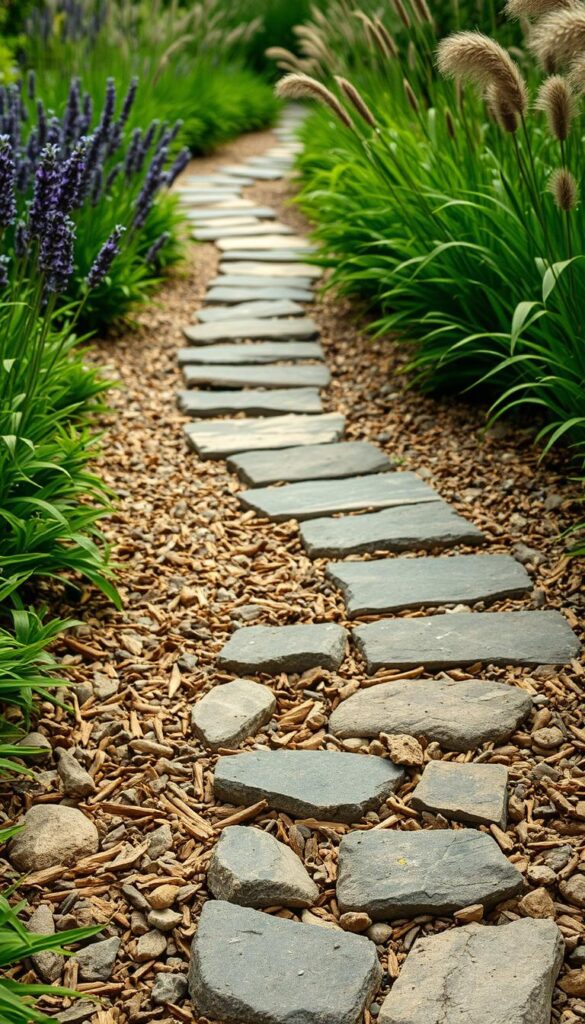 A serene garden path showcasing a diverse array of natural materials. In the foreground, a winding path of smooth river stones leads the eye through lush greenery. Interspersed are organic wood chips, their warm tones complementing the earthy hues. In the middle ground, weathered stepping stones of irregular slate break up the path, creating a textured, rustic feel. Surrounding the path, a backdrop of verdant foliage, including fragrant lavender and tall ornamental grasses, sways gently in the soft, diffused lighting. The overall scene exudes a sense of natural harmony, inviting the viewer to explore the various materials and textures that define an idyllic garden path.