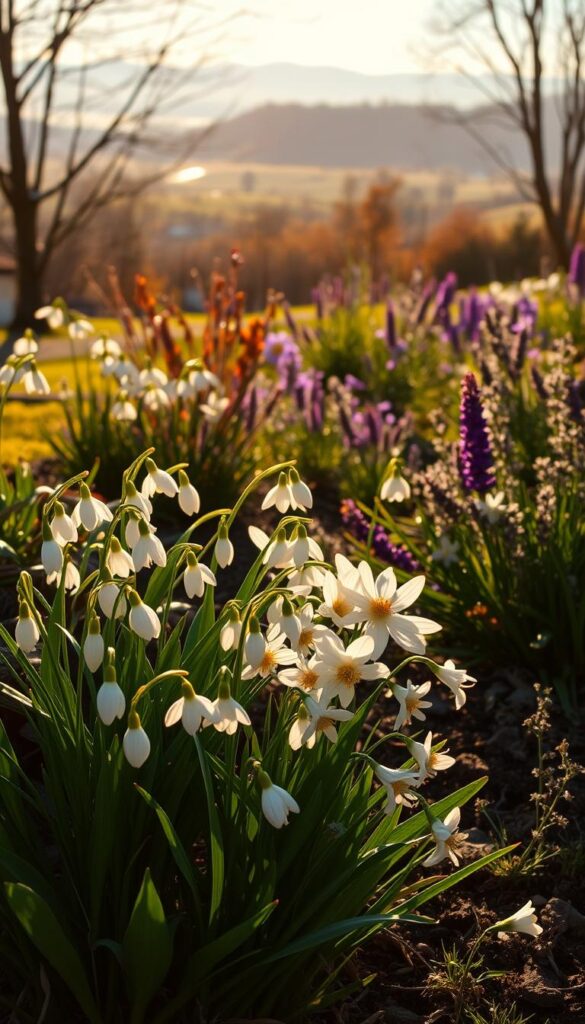 A serene garden scene in the late winter, bathed in warm, golden afternoon light. In the foreground, a lush bouquet of early spring blooms - delicate snowdrops, cheerful crocuses, and fragrant winter jasmine. The flowers sway gently, their petals catching the sun's rays. In the middle ground, a variety of nectar-rich plants such as lavender, rosemary, and thyme provide a bountiful feast for the first pollinators of the season - bees, butterflies, and hummingbirds. The background features a tranquil landscape, with rolling hills and a distant tree line, hinting at the transition from winter to spring. The overall mood is one of renewal, hope, and the rejuvenation of life after the dormant months.