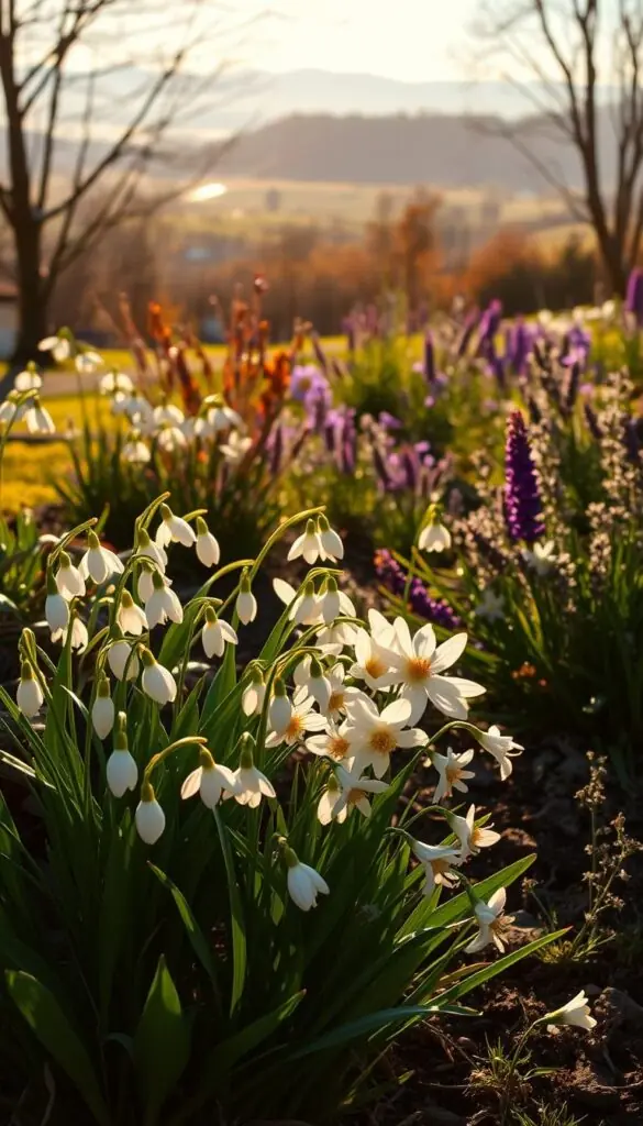 A serene garden scene in the late winter, bathed in warm, golden afternoon light. In the foreground, a lush bouquet of early spring blooms - delicate snowdrops, cheerful crocuses, and fragrant winter jasmine. The flowers sway gently, their petals catching the sun's rays. In the middle ground, a variety of nectar-rich plants such as lavender, rosemary, and thyme provide a bountiful feast for the first pollinators of the season - bees, butterflies, and hummingbirds. The background features a tranquil landscape, with rolling hills and a distant tree line, hinting at the transition from winter to spring. The overall mood is one of renewal, hope, and the rejuvenation of life after the dormant months. A serene garden scene in the late winter, bathed in warm, golden afternoon light. In the foreground, a lush bouquet of early spring blooms - delicate snowdrops, cheerful crocuses, and fragrant winter jasmine. The flowers sway gently, their petals catching the sun's rays. In the middle ground, a variety of nectar-rich plants such as lavender, rosemary, and thyme provide a bountiful feast for the first pollinators of the season - bees, butterflies, and hummingbirds. The background features a tranquil landscape, with rolling hills and a distant tree line, hinting at the transition from winter to spring. The overall mood is one of renewal, hope, and the rejuvenation of life after the dormant months.